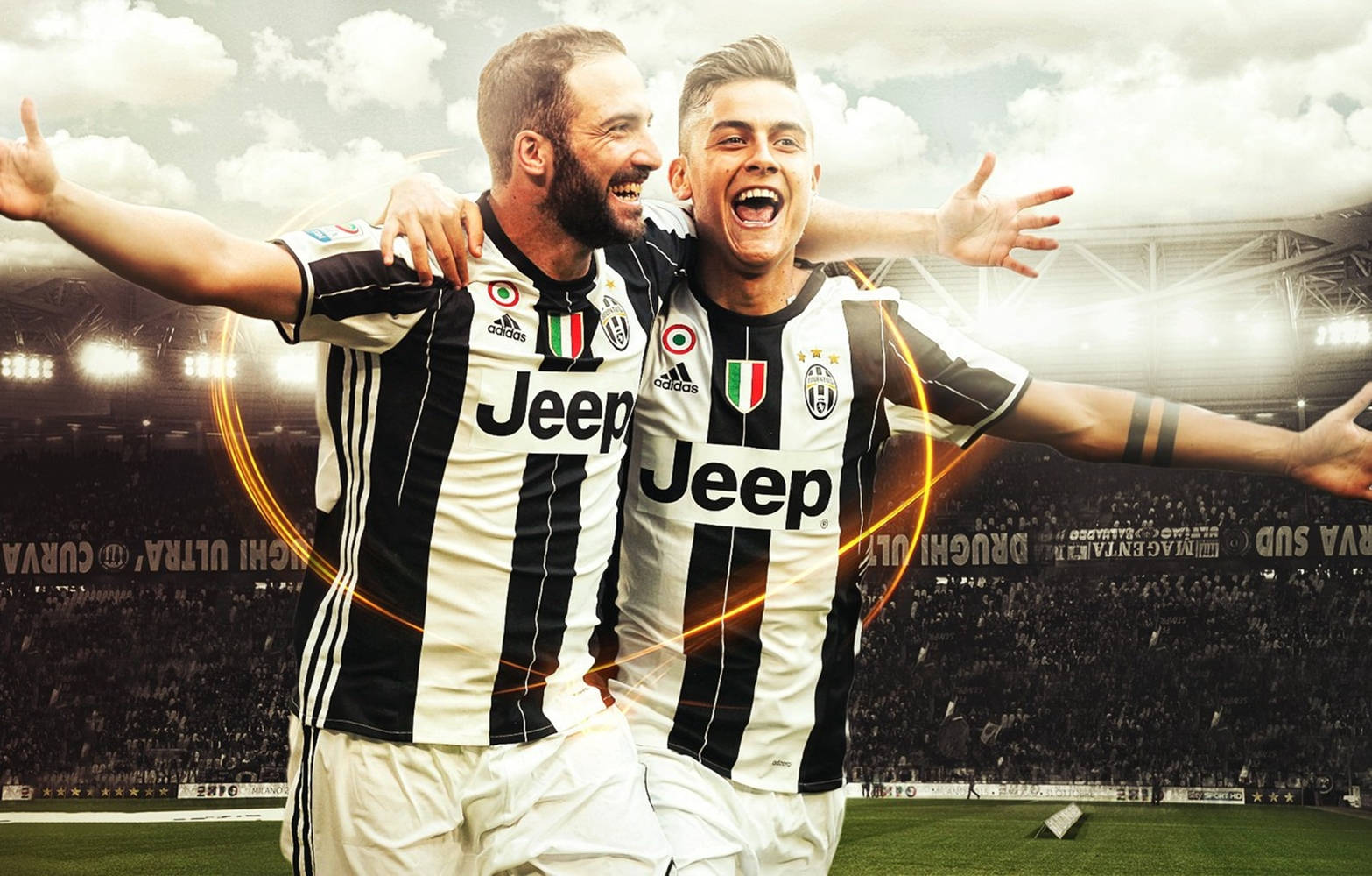 Paulo Dybala og Gonzalo Higuain fra Juventus FC⃣ i forgrunden for et slående⚡ baggrund. Wallpaper