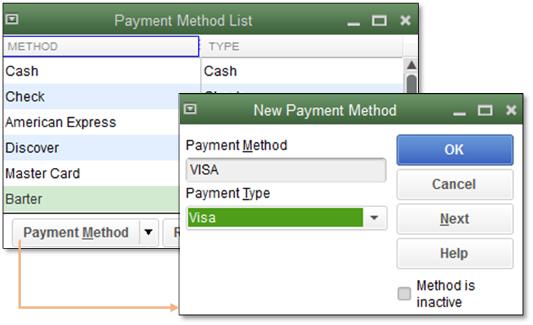 Payment Method Software Screenshot PNG — A software interface showing a payment method list with 'Barter' highlighted and a new payment method dialog for 'VISA' with 'Visa' selected in a dropdown.