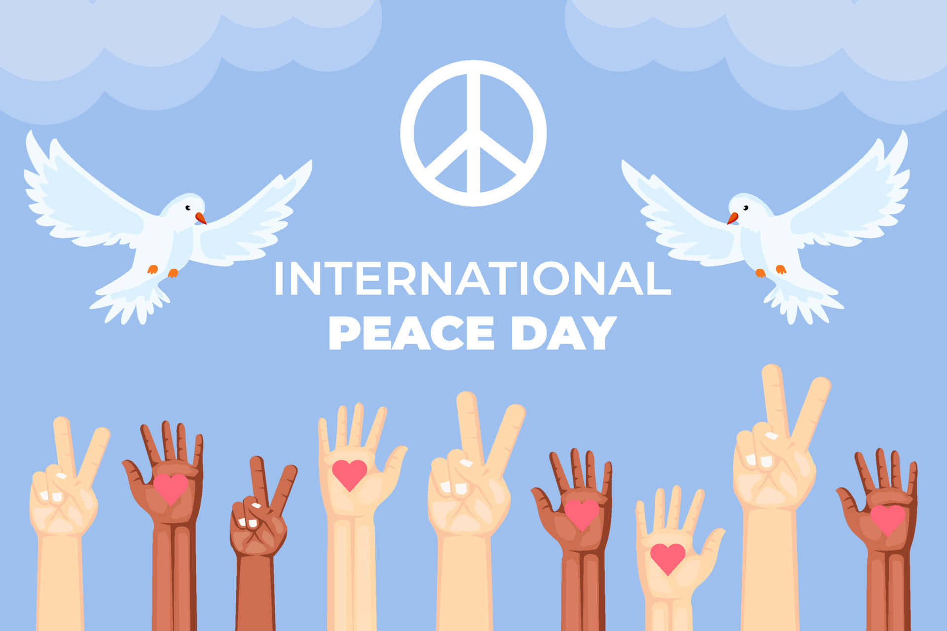 international peace day with hands and doves