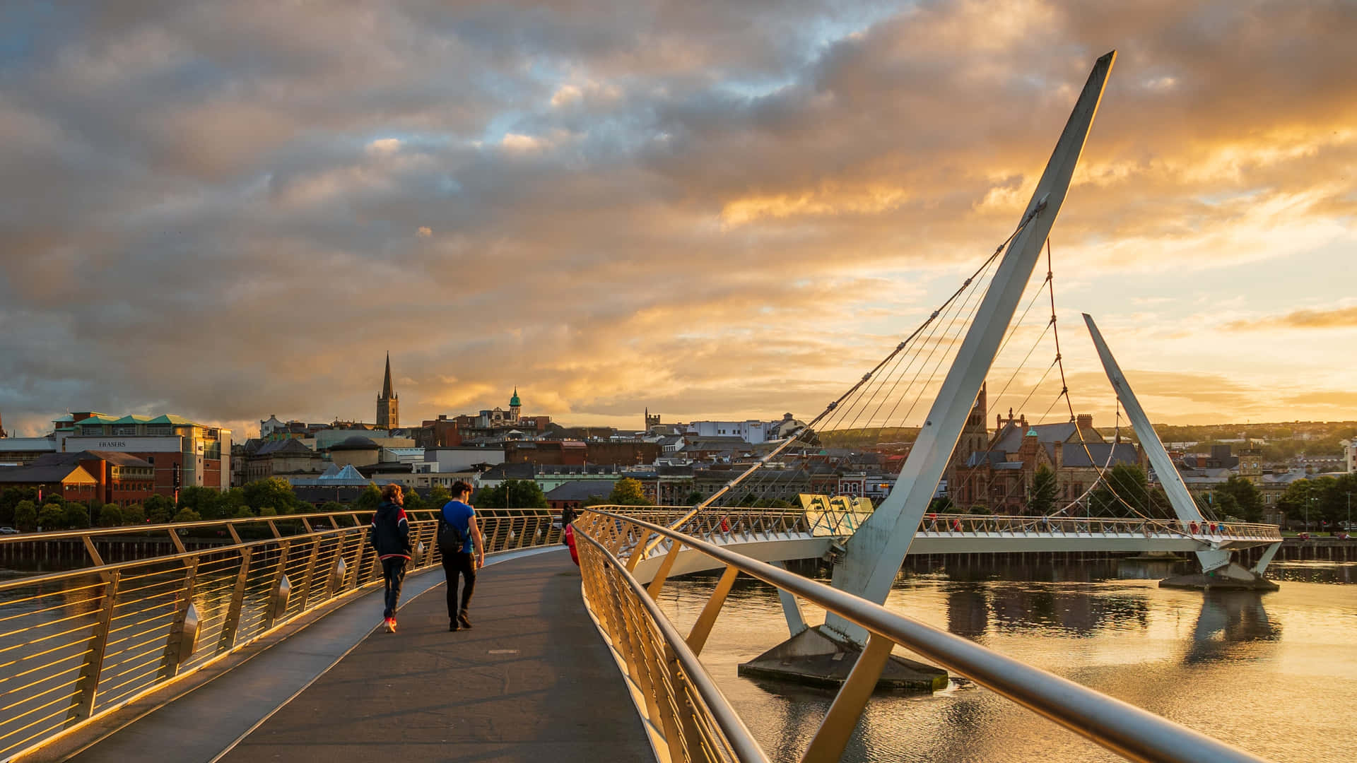 Promenade Au Coucher Du Soleil Sur Le Pont De La Paix Derry Londonderry Fond d'écran