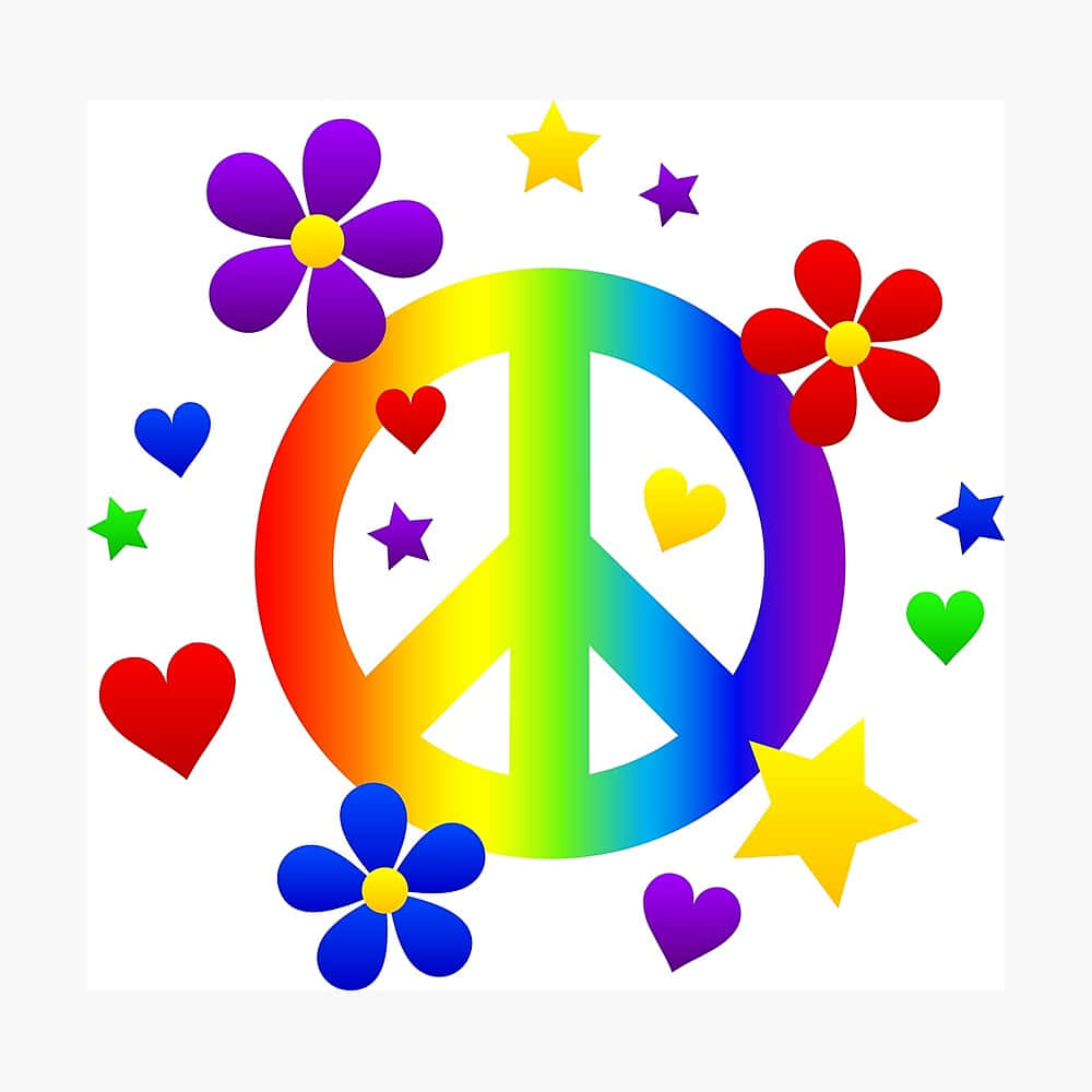 Rainbow Peace Sign With Stars And Flowers