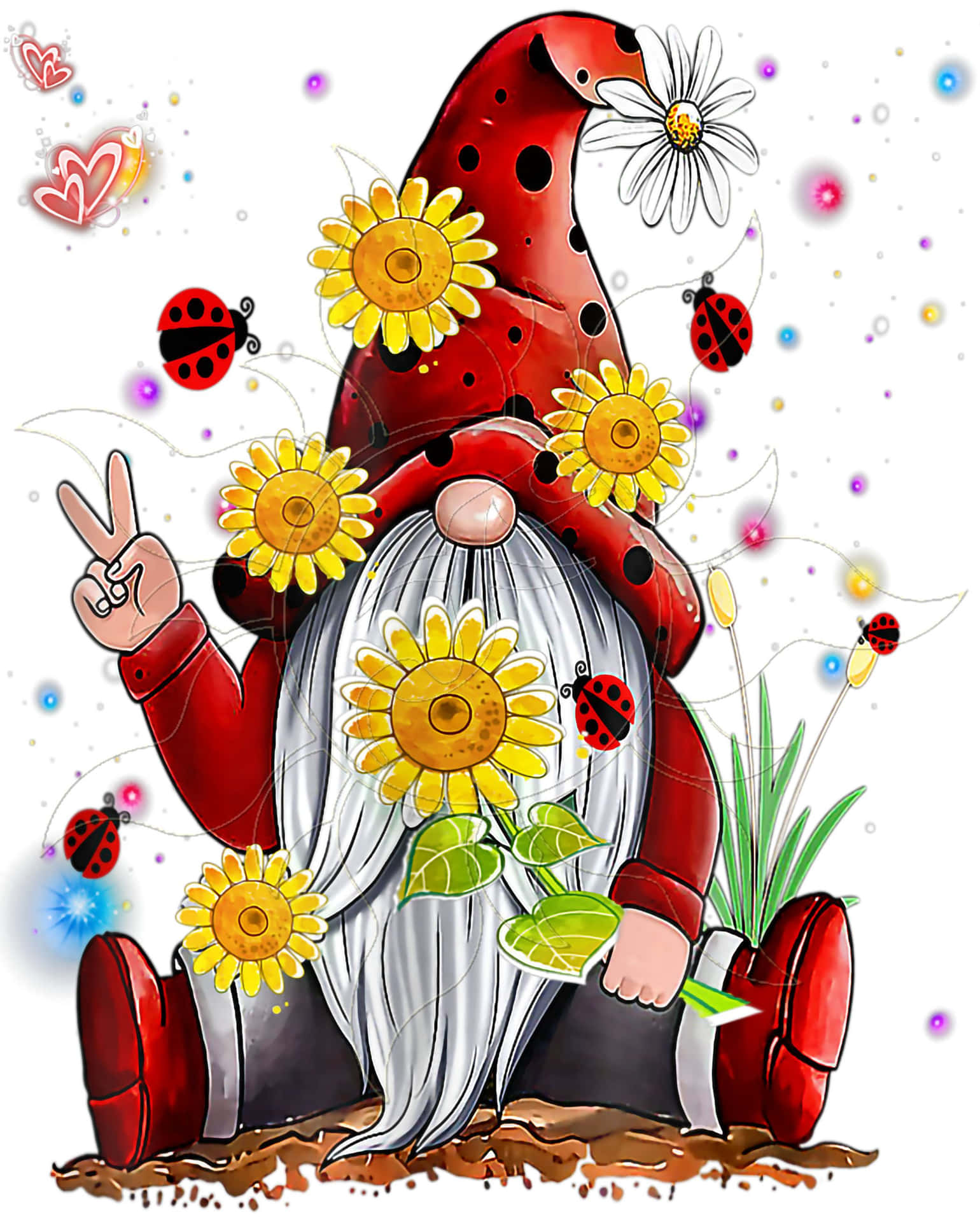 Peaceful Garden Gnome Sunflowers Ladybugs Wallpaper