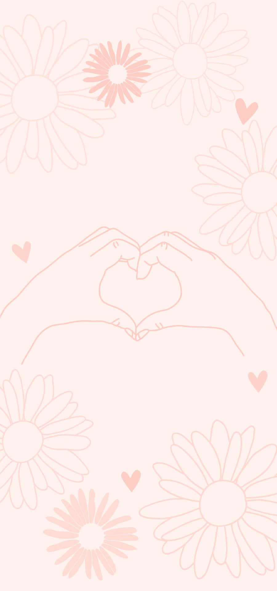 En pink baggrund med hænder, der danner et hjerteformet.