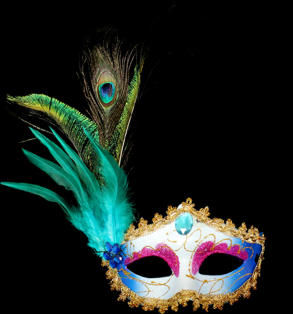 Peacock Feathered Masquerade Mask PNG