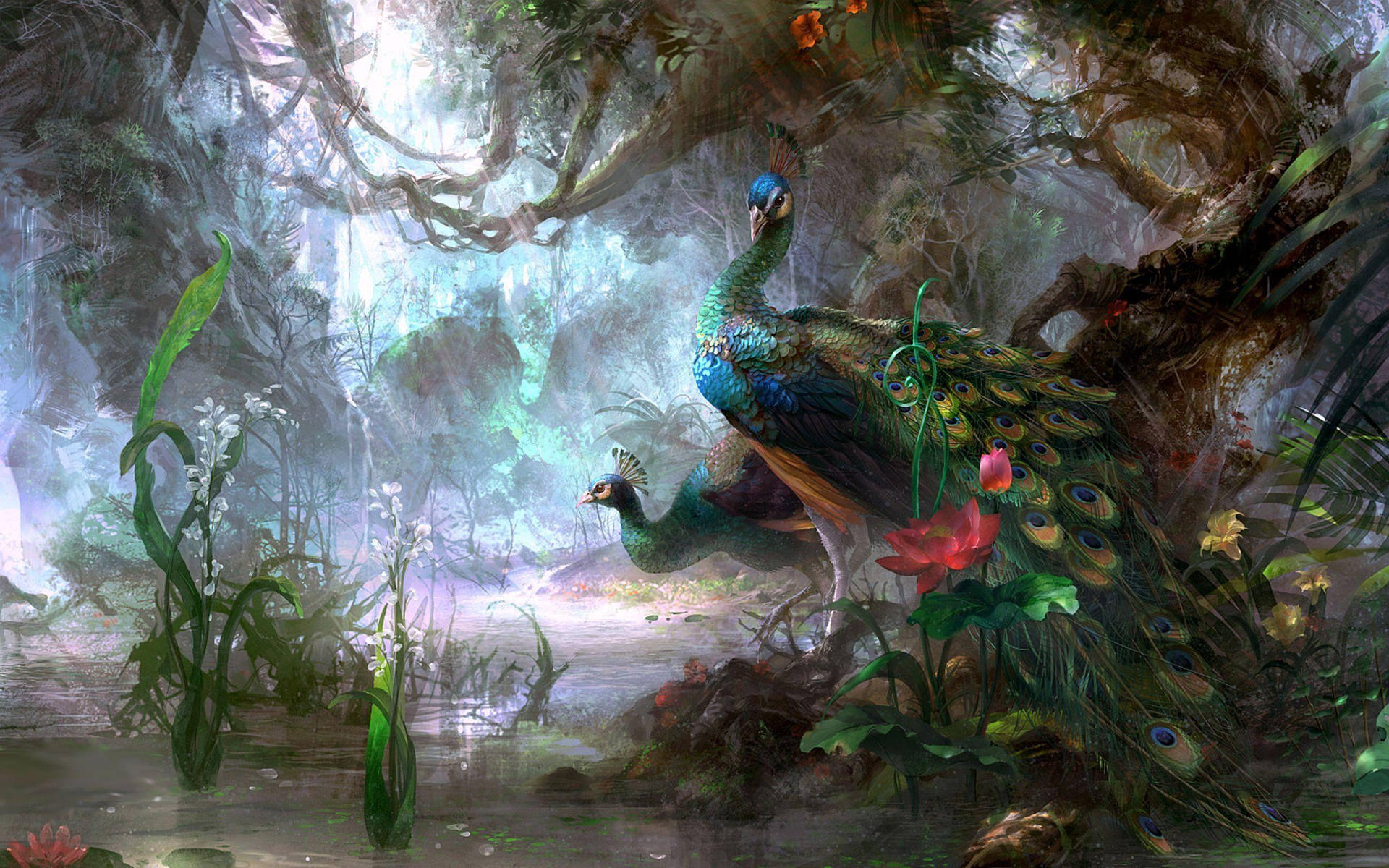 Peacock In Forest Paint Art Wallpaper