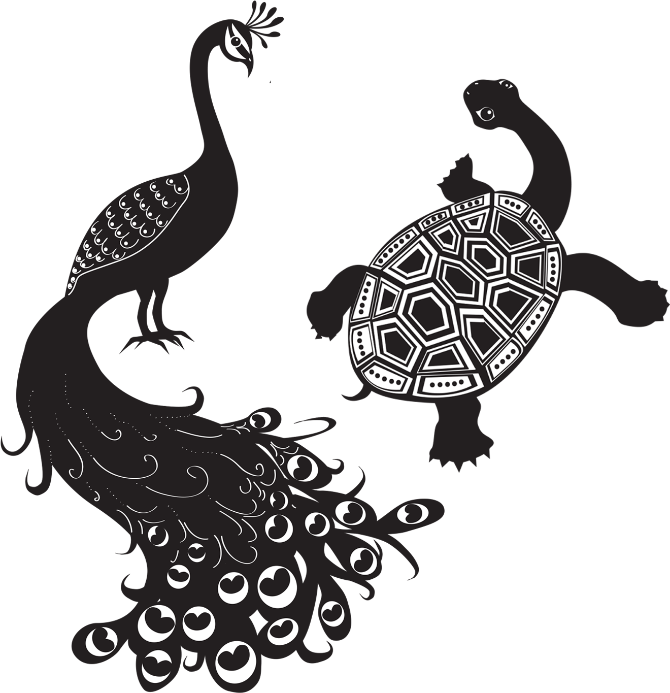 Peacock_and_ Tortoise_ Stylized_ Artwork PNG