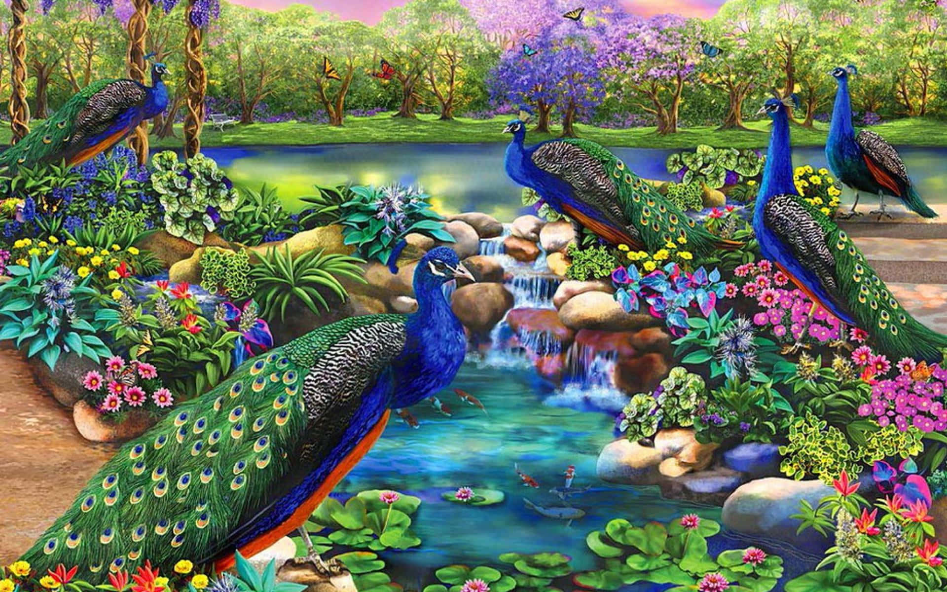 Peacocksin Enchanted Garden Wallpaper