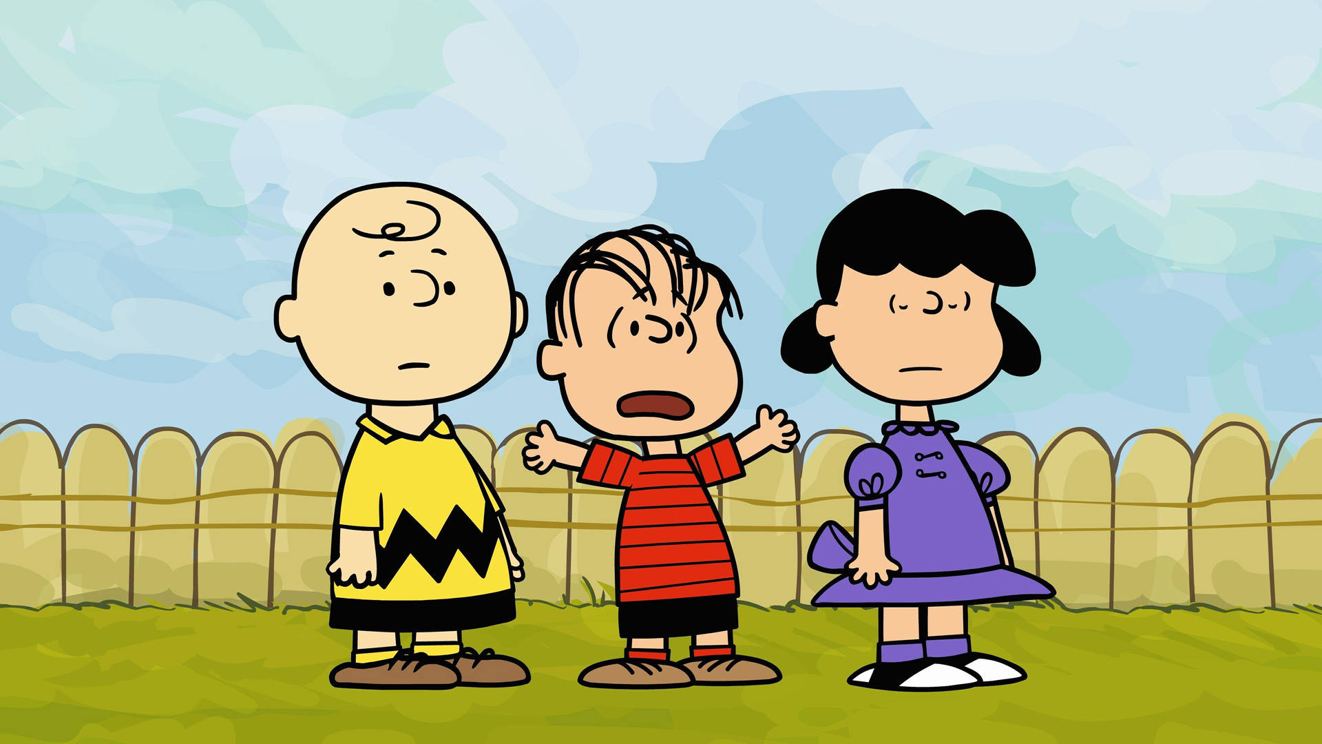 in Colorful Comics Scene - Peanuts Charlie, Linus Og Lucy i Farverig Comics Scene Wallpaper