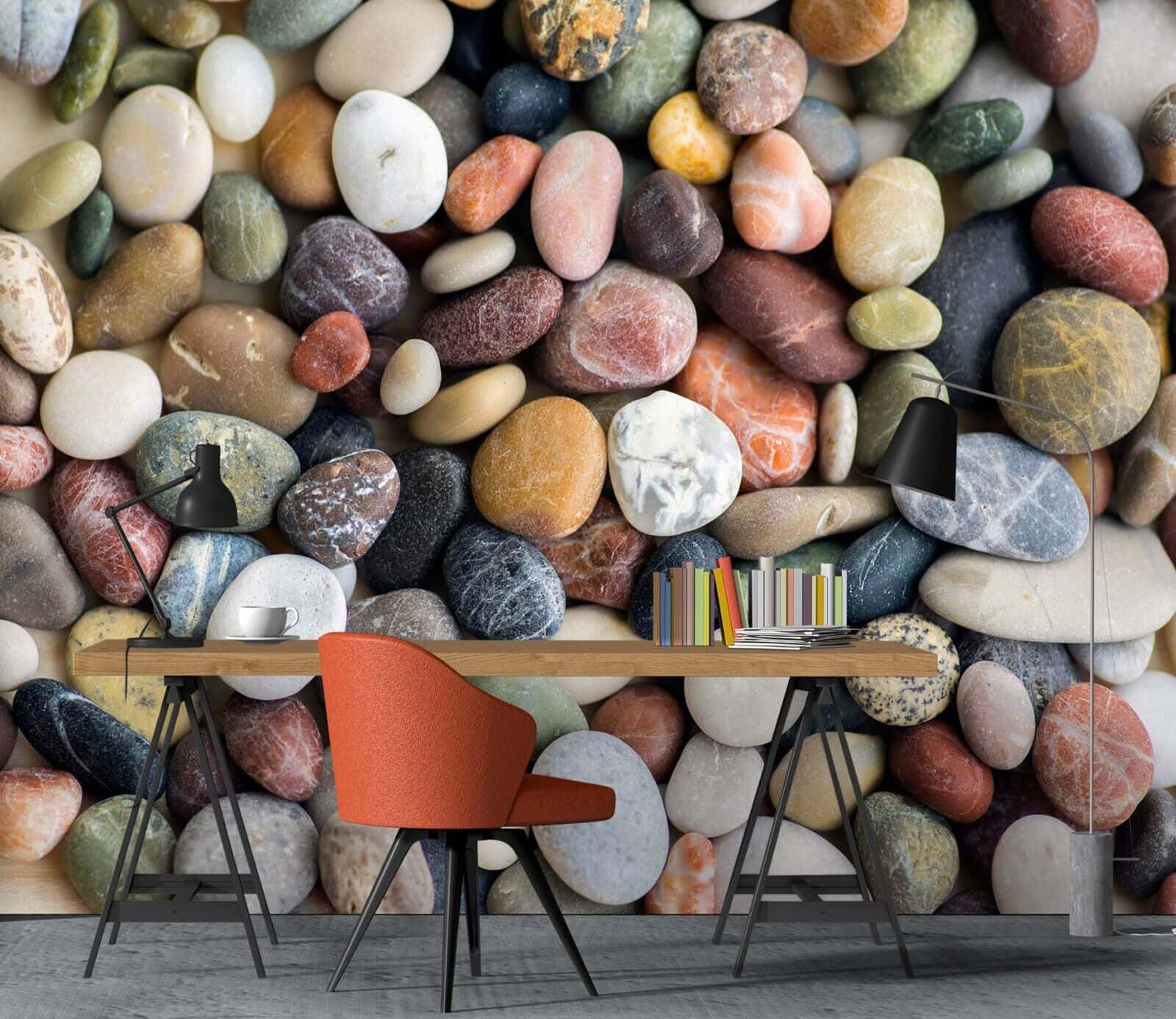 A Room With A Desk And A Wall Full Of Rocks