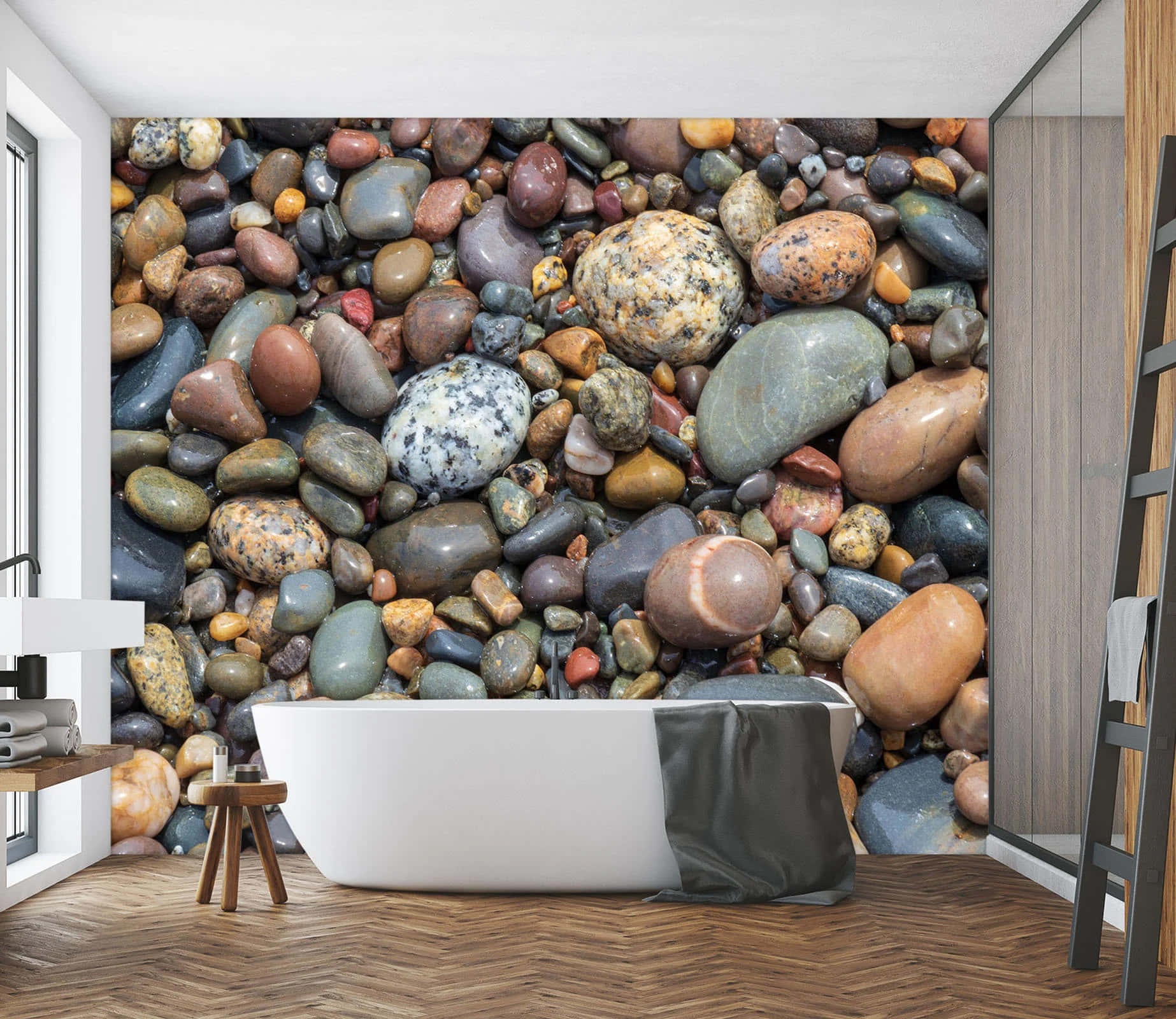 Et badeværelse med et stort vægmaleri af klipper og småsten.