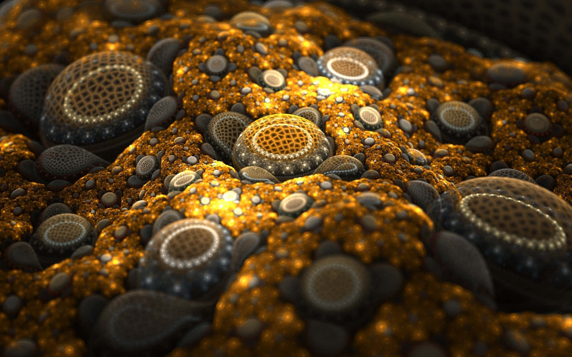 Et 3D-billede af en guld- og sort kugle.