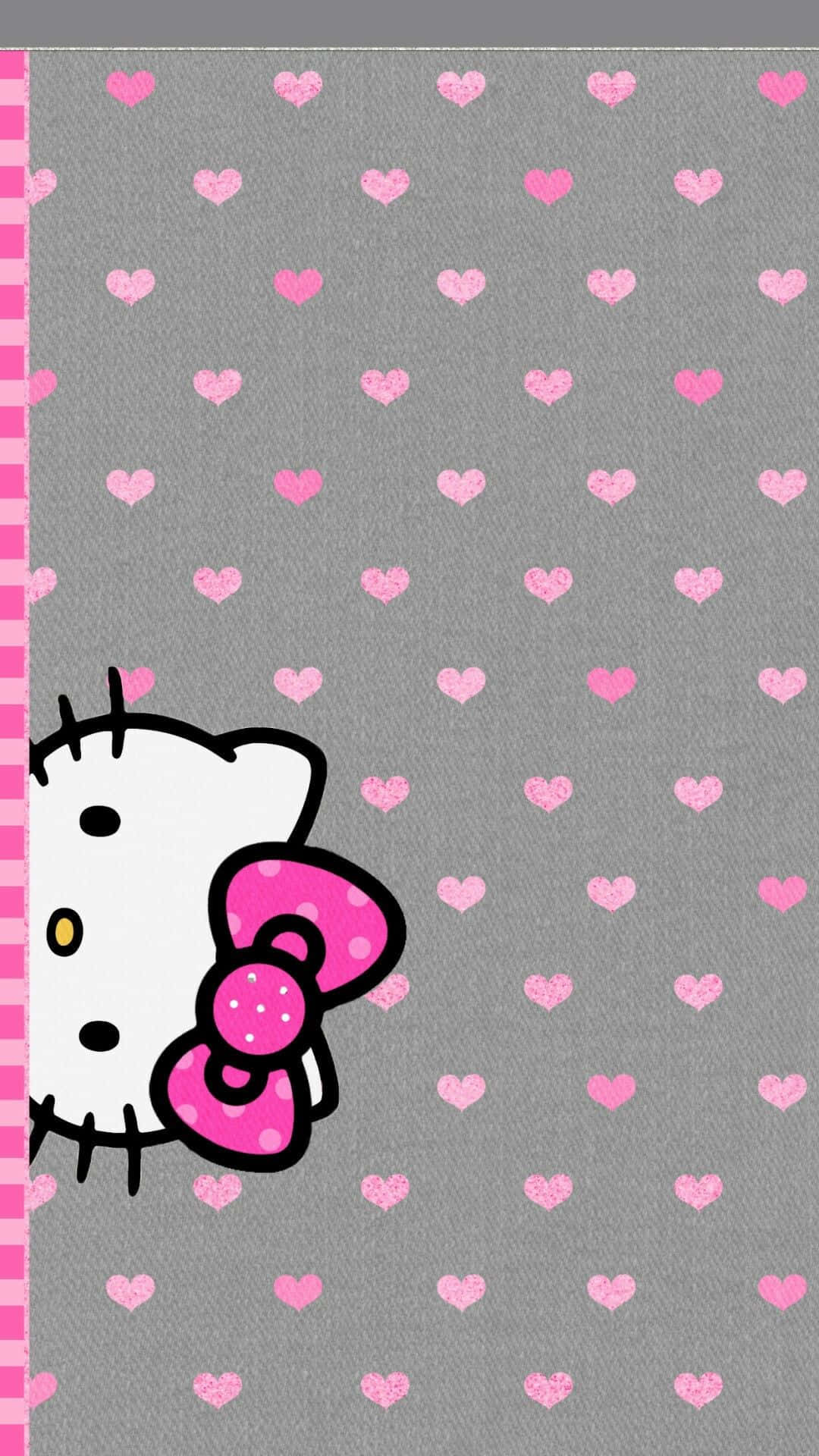 Peeking Cute Pink Hello Kitty Gray Hearts Wallpaper