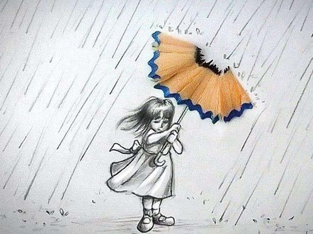 A Drawing Of A Girl Holding An Umbrella In The Rain