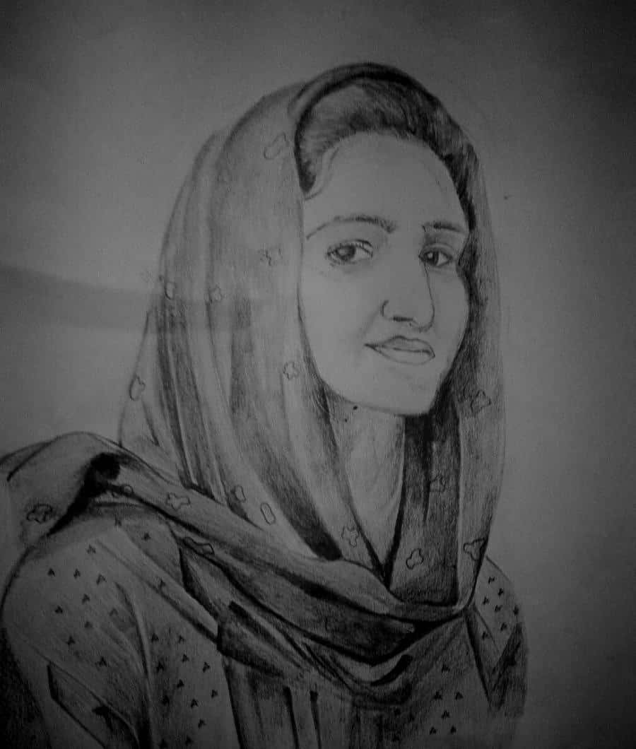 A Black And White Drawing Of A Woman Wearing A Scarf
