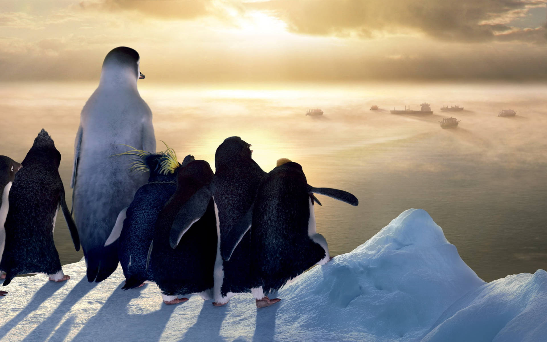 a group of penguins standing on an iceberg Wallpaper