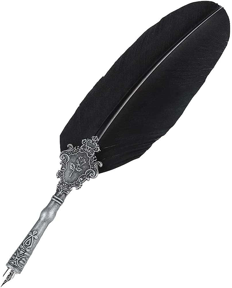 A Black Feather Pen With A Silver Handle