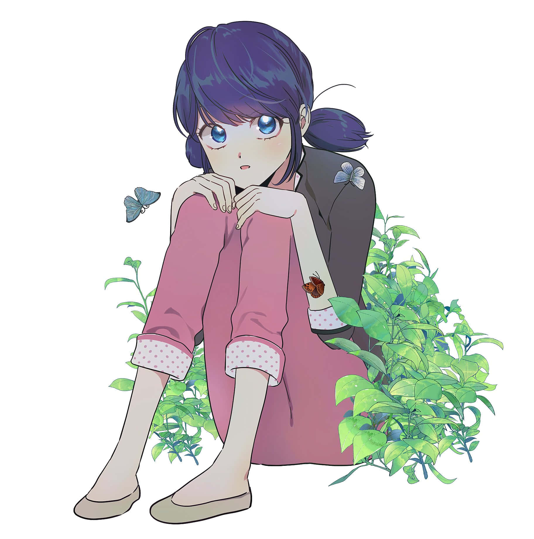 Pensive Animated Girlwith Butterflies Wallpaper