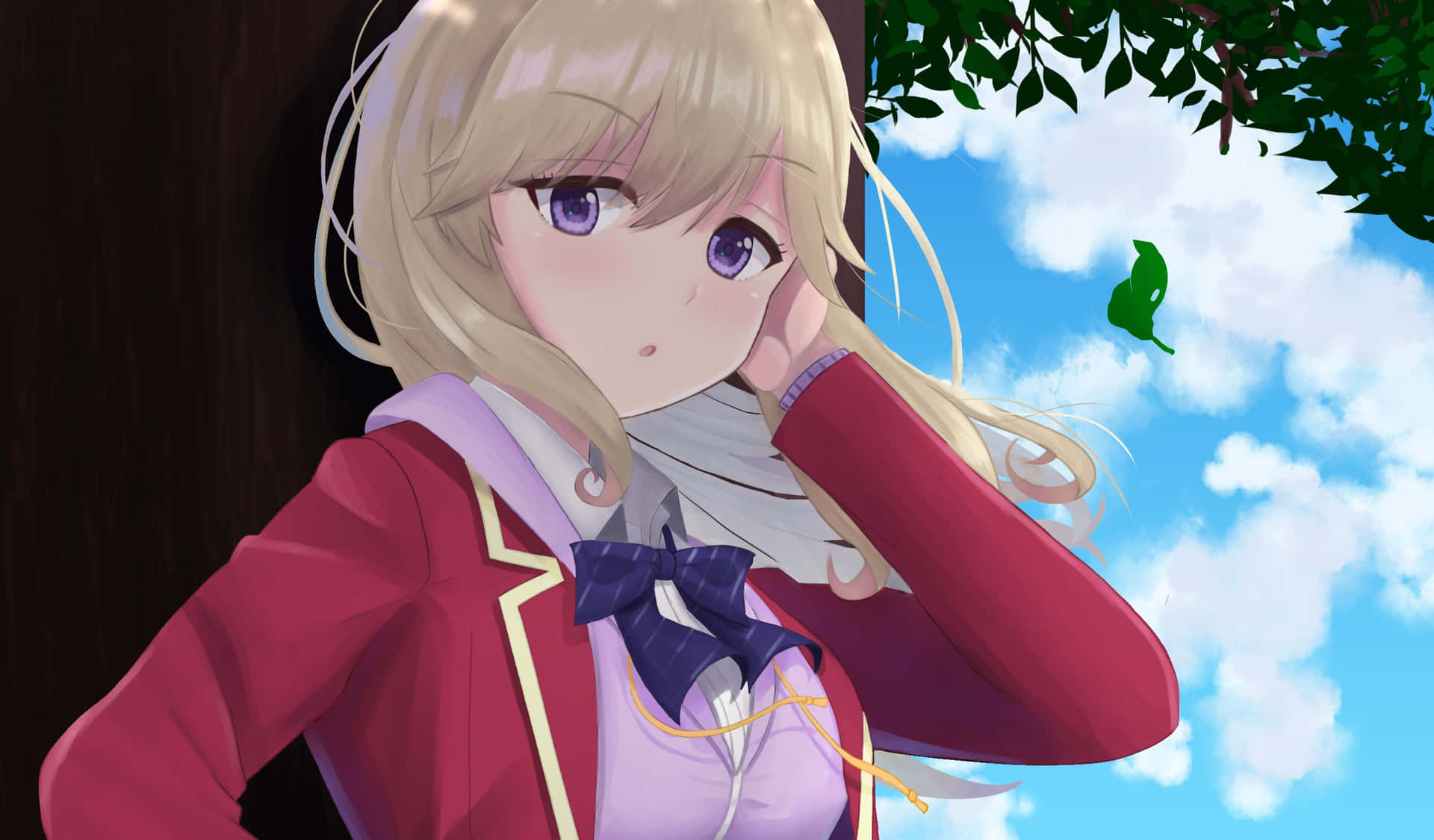 Pensive Anime Girl School Uniform Outdoors Wallpaper