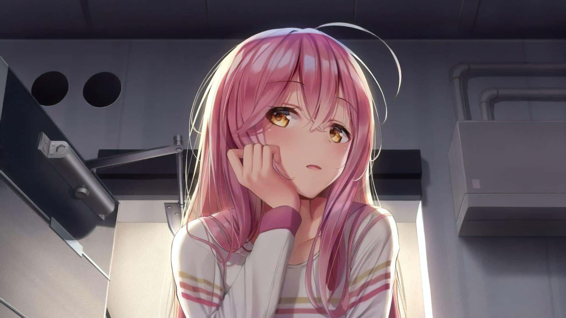 Pensive Anime Girlwith Pink Hair Wallpaper