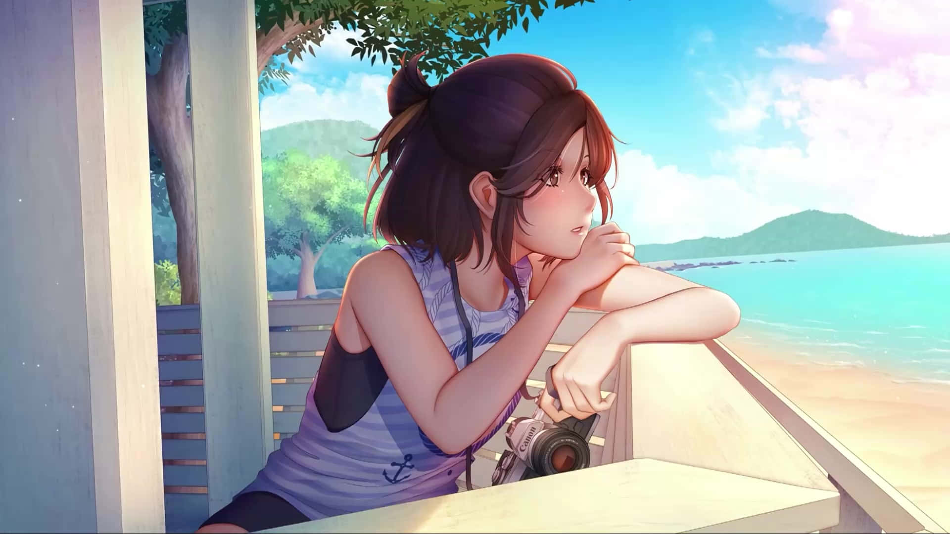 Pensive Anime Photographer Seaside Wallpaper