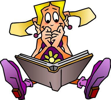 Pensive Cartoon Girl Reading Book PNG