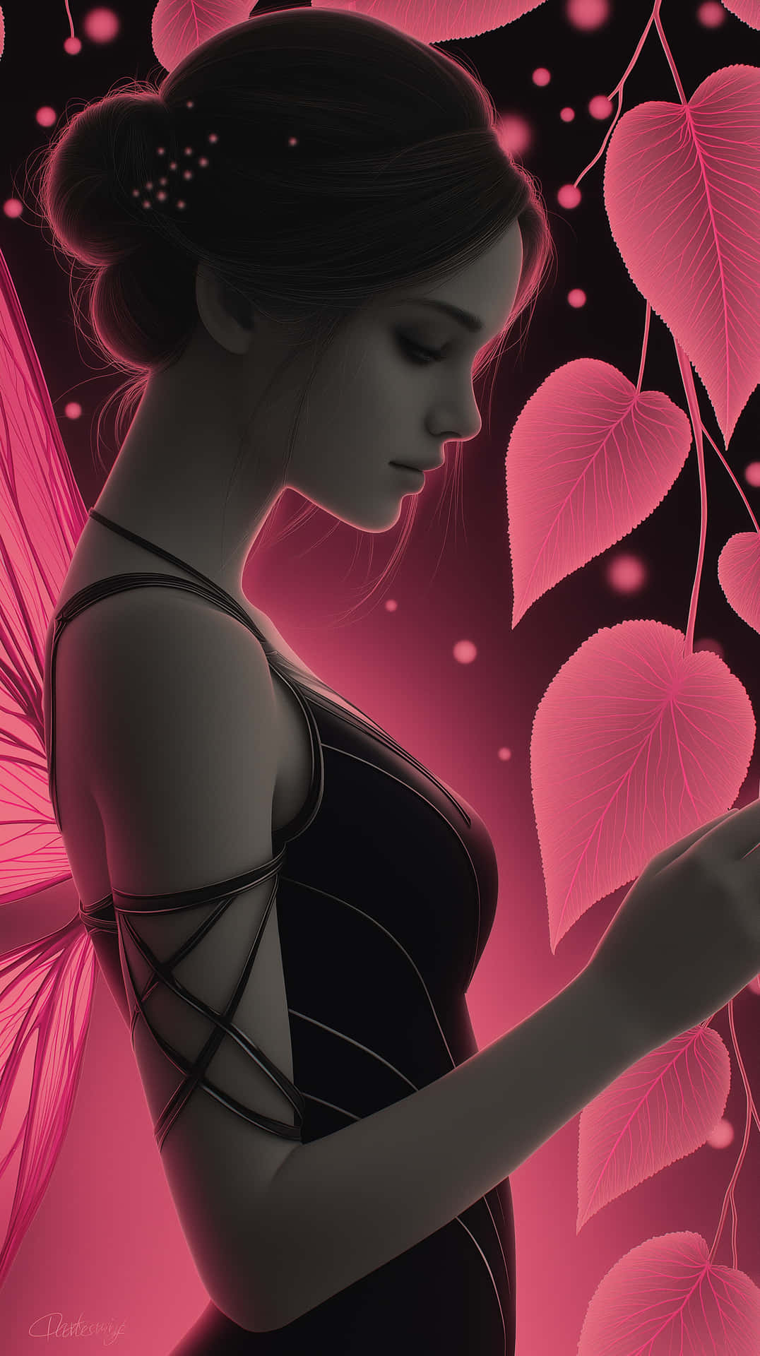 Pensive Dark Fairy In Neon Pink Forest Ambiance Wallpaper