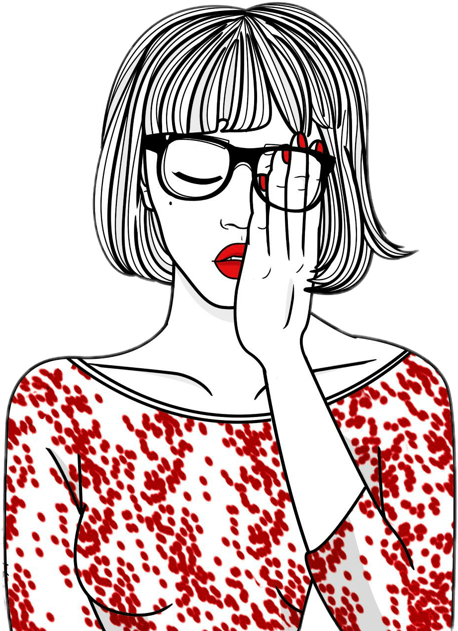 Pensive Girlwith Red Glassesand Leopard Top PNG