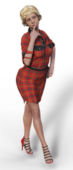 Pensive Womanin Red Plaid Dress PNG