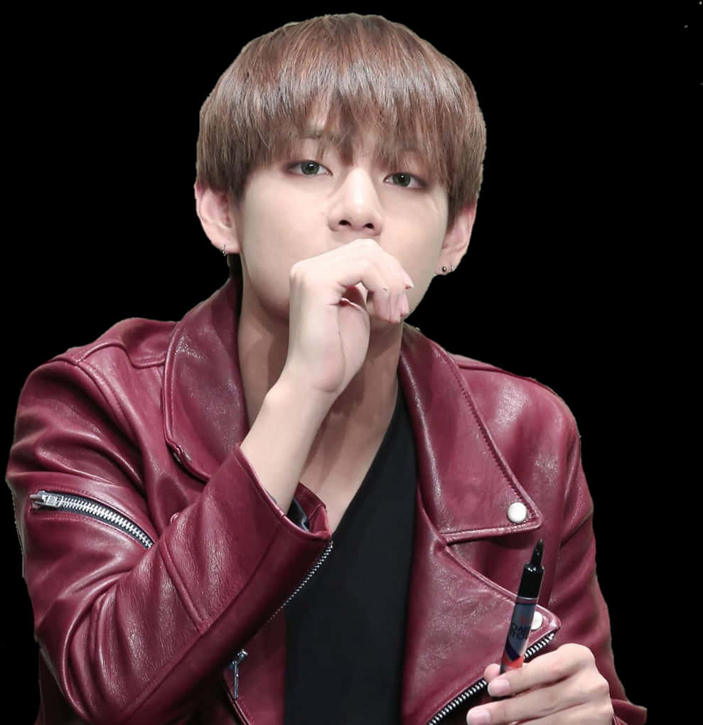 Pensive_ Man_in_ Red_ Leather_ Jacket PNG