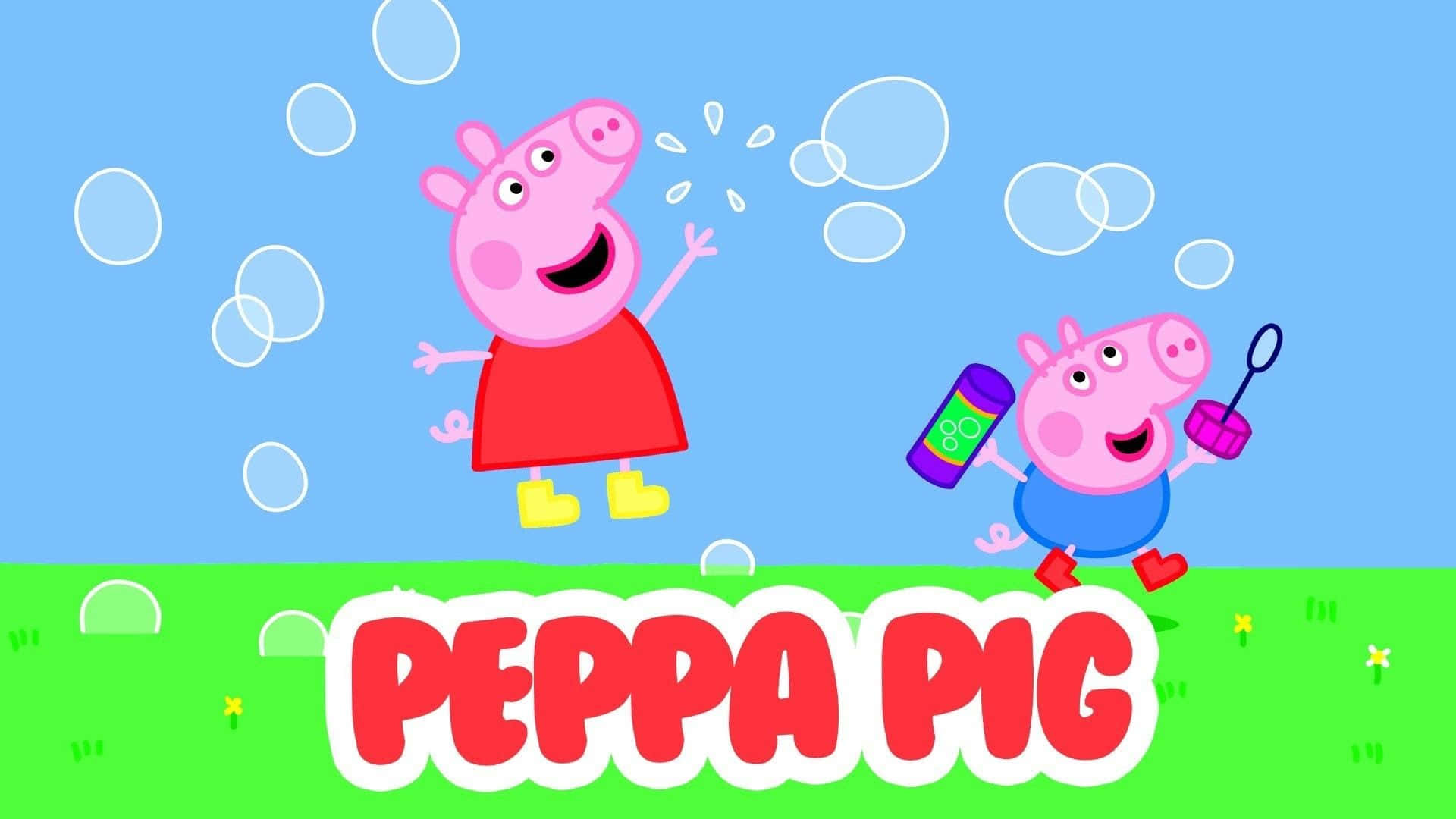 Hintergrundmit George Pig Und Peppa Pig Beim Bubbles Spielen