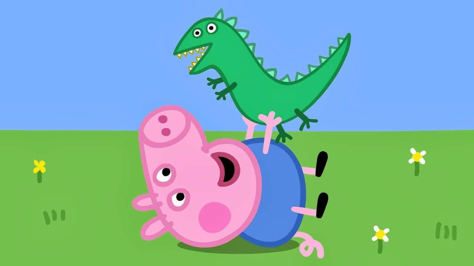 Fröhlichergeorge Pig Spielt Auf Einem Peppa Pig Hintergrund