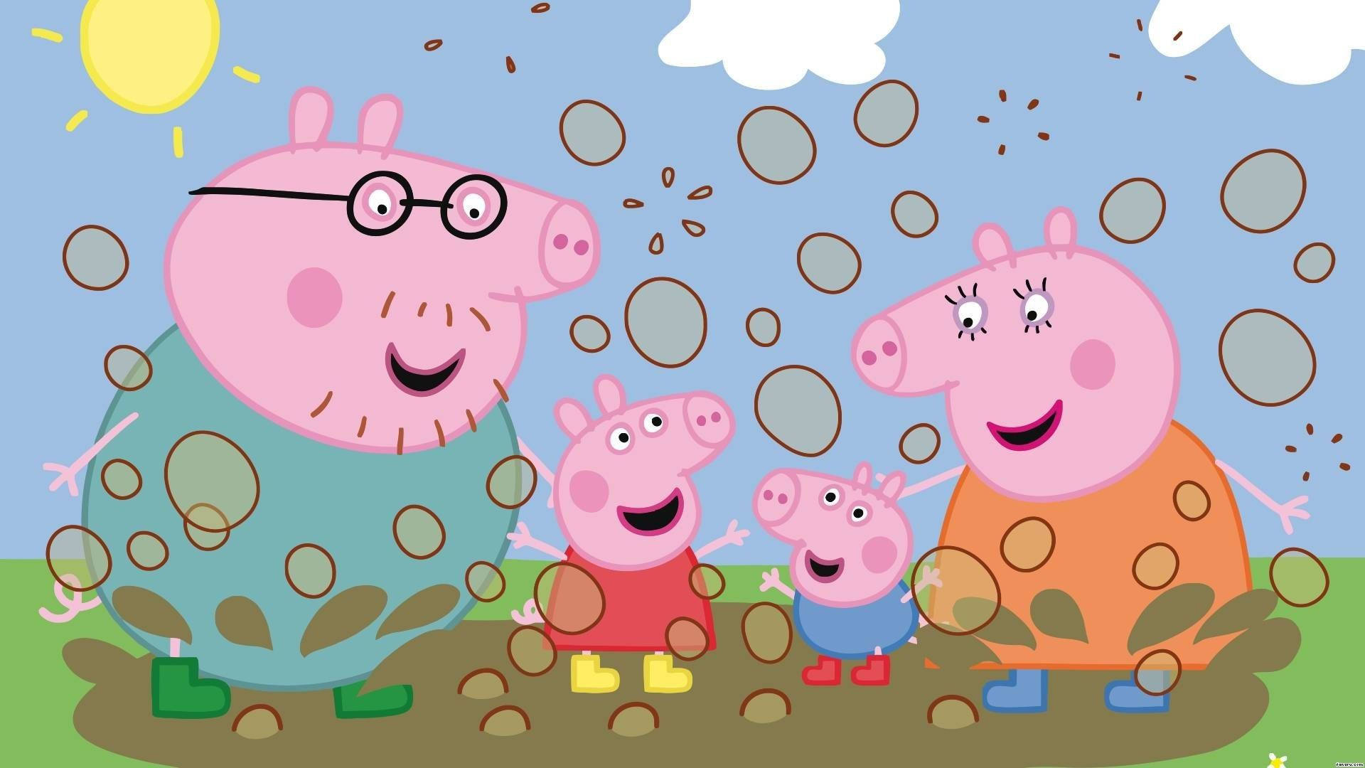 Peppa Pig and her family jumping in muddy puddles. Wallpaper