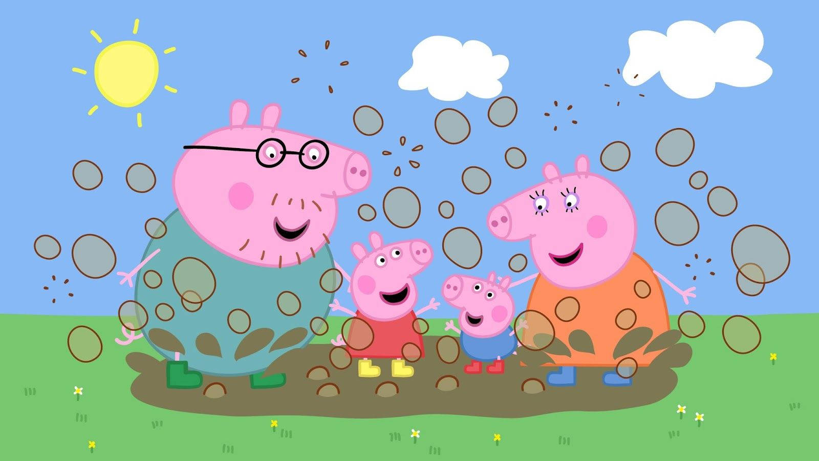 Peppa Pig and her family splash in muddy puddles. Wallpaper