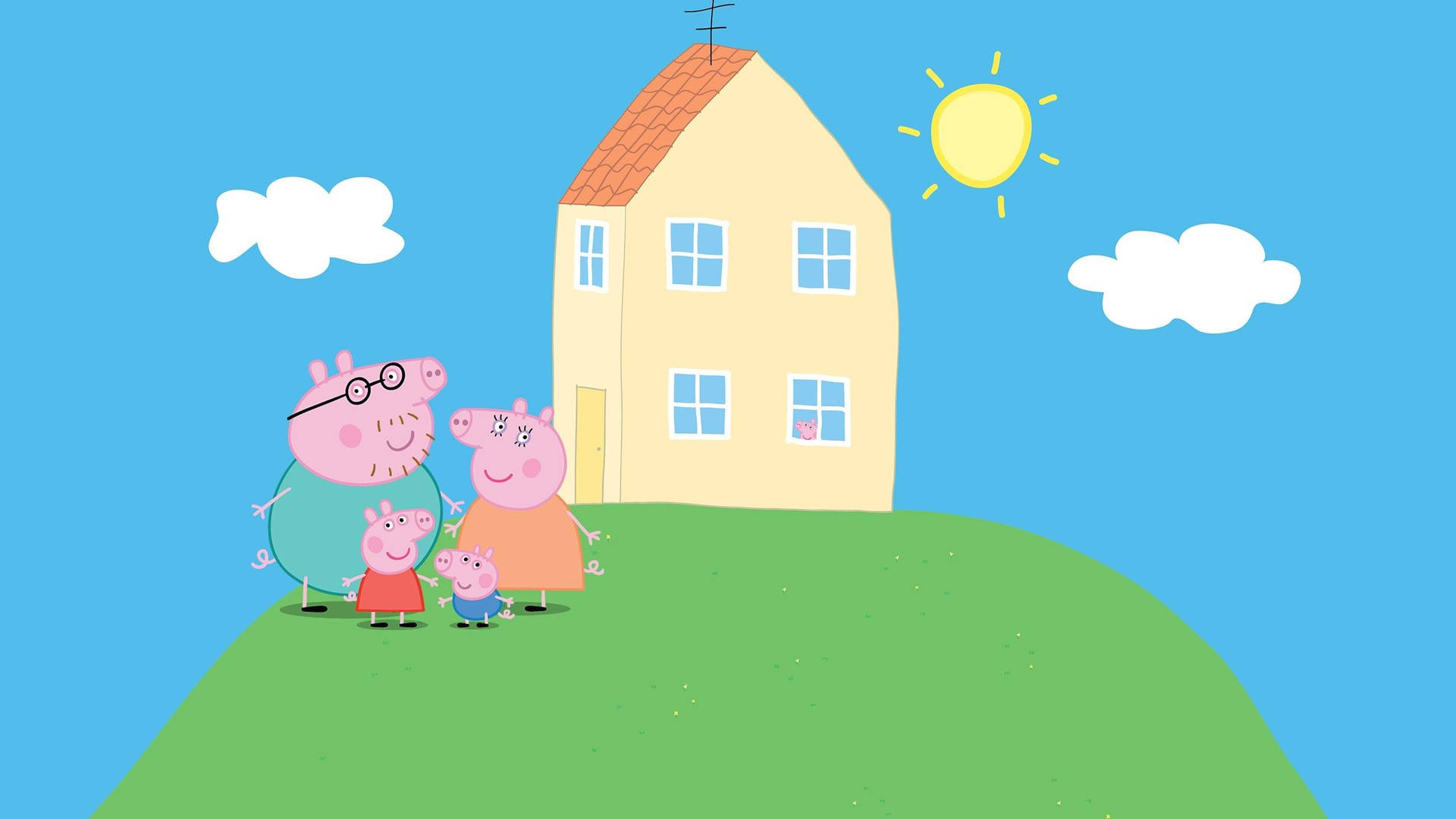 Peppa Pig og hendes familie nyder en dag med sjov på Pig-familiens hus. Wallpaper