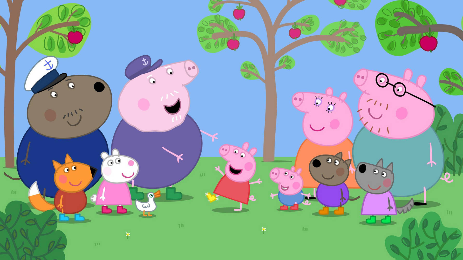 Peppa Pig family and friends in the forest wallpaper.