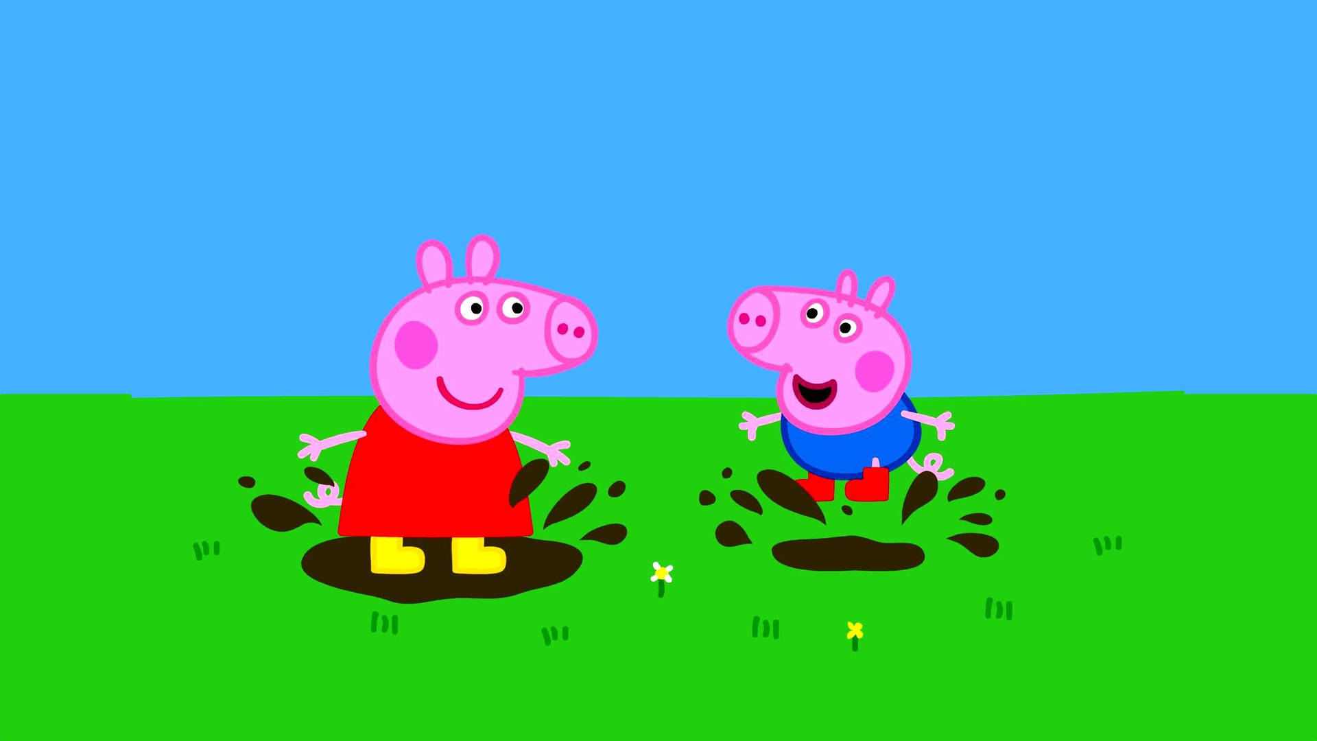 Peppa Pig and George Pig jumping in the puddle oversaturated wallpaper.