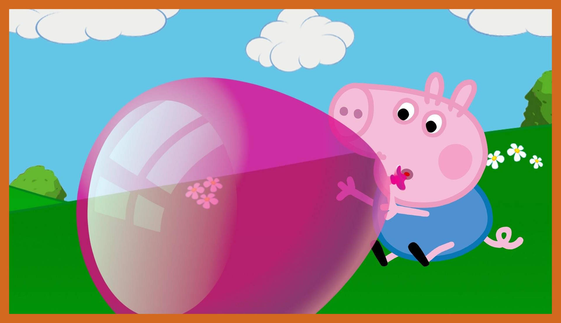Peppa Pig flying away with a Pink Balloon Wallpaper