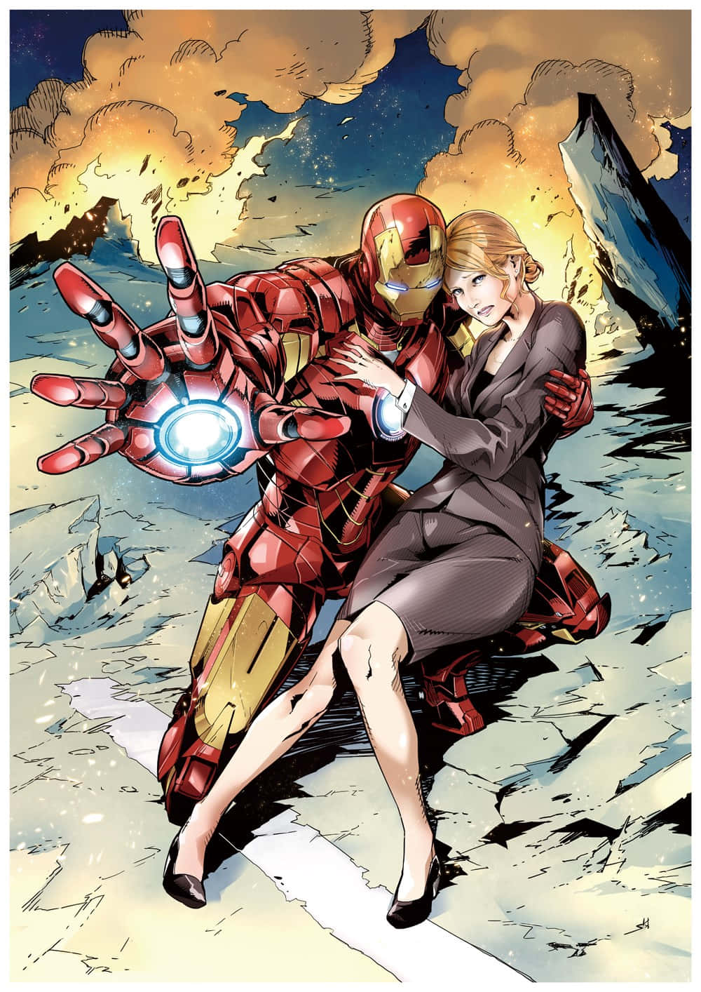 Pepper Potts Standing Strong in Iron Man Armor Wallpaper