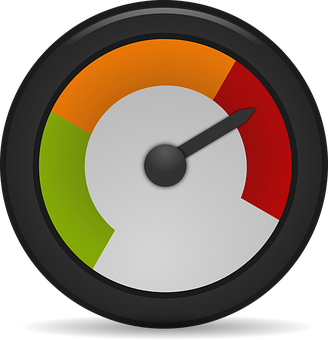 Performance Meter Icon PNG — A circular gauge with a black rim and needle pointing to orange section between green and red zones.