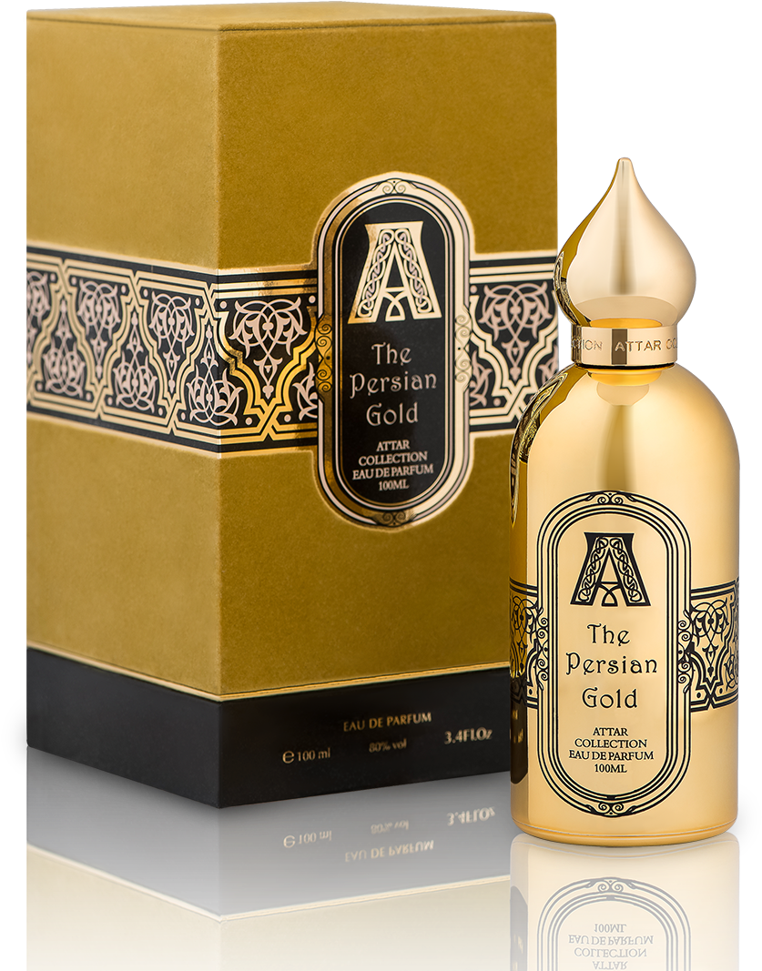 Persian Gold Perfume Bottleand Packaging PNG