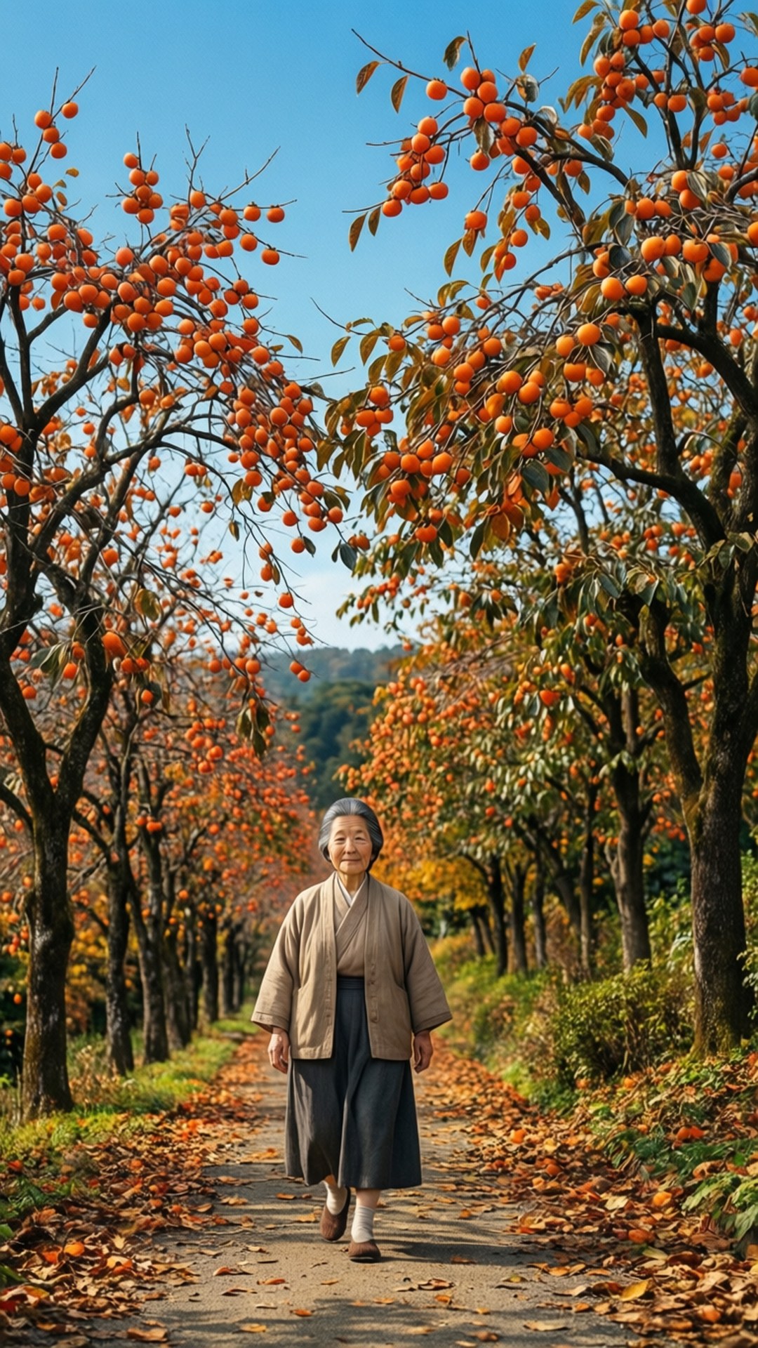 Taeko walking under persimmon trees in autumn