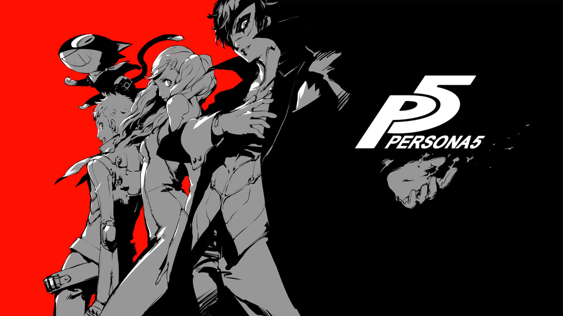 Caption: A group of Persona characters in a futuristic city setting.