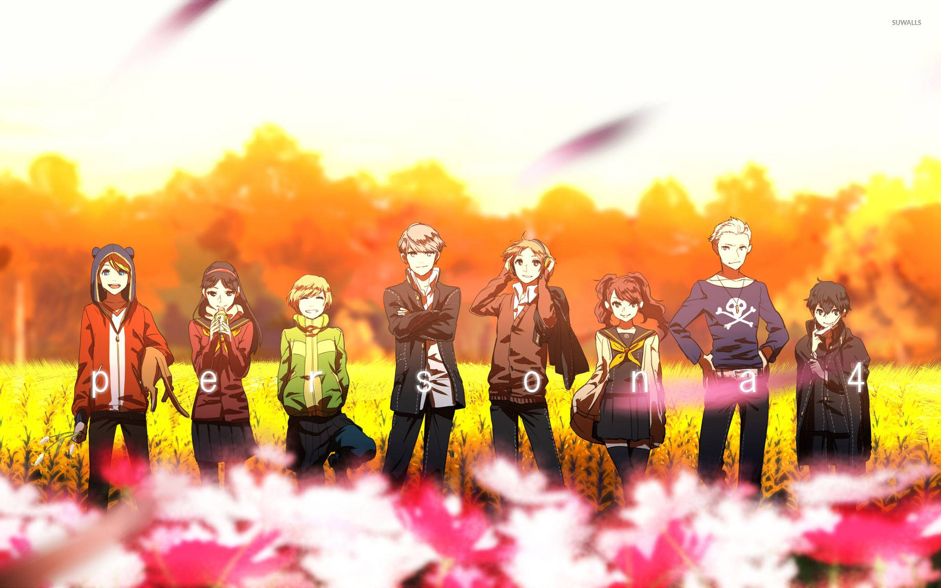 Persona 4 Cast Enjoying a Day on a Golden Field Wallpaper