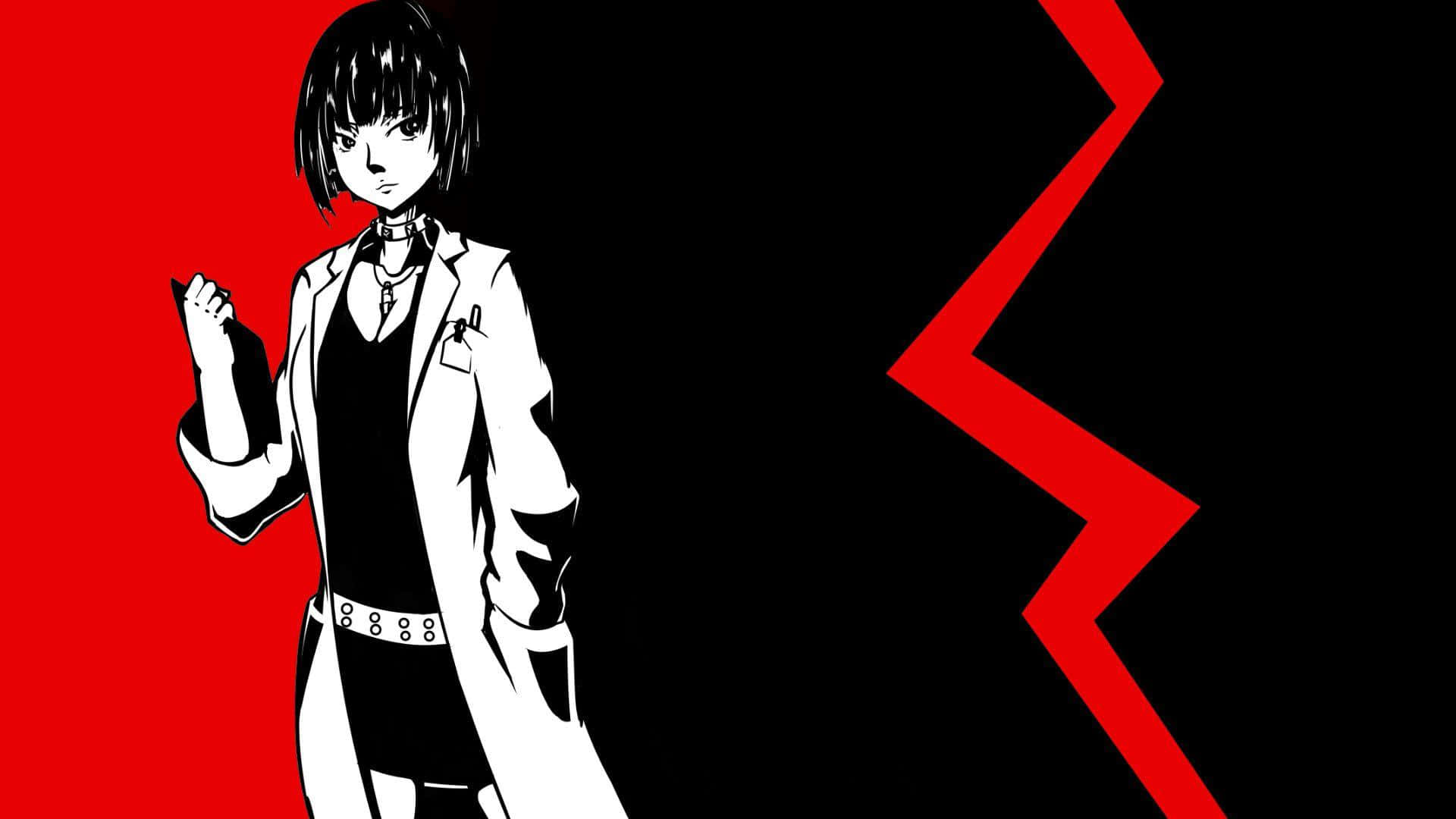 A Girl In A White Coat Standing In Front Of A Red And Black Background