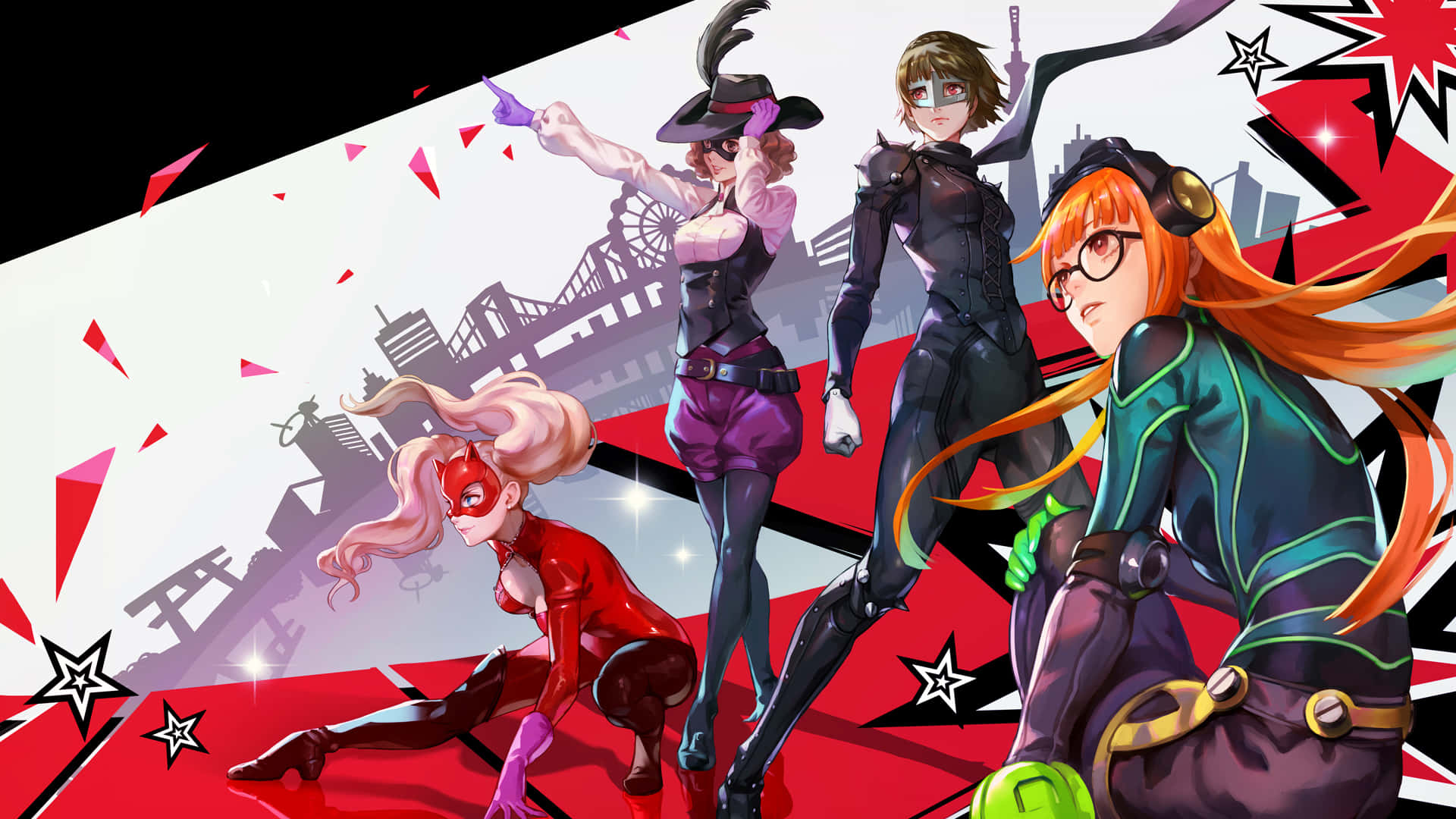 Einegruppe Von Anime-charakteren Auf Einem Roten Und Schwarzen Hintergrund.