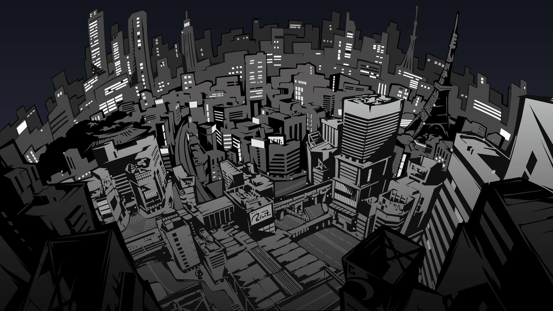 a black and white drawing of a city