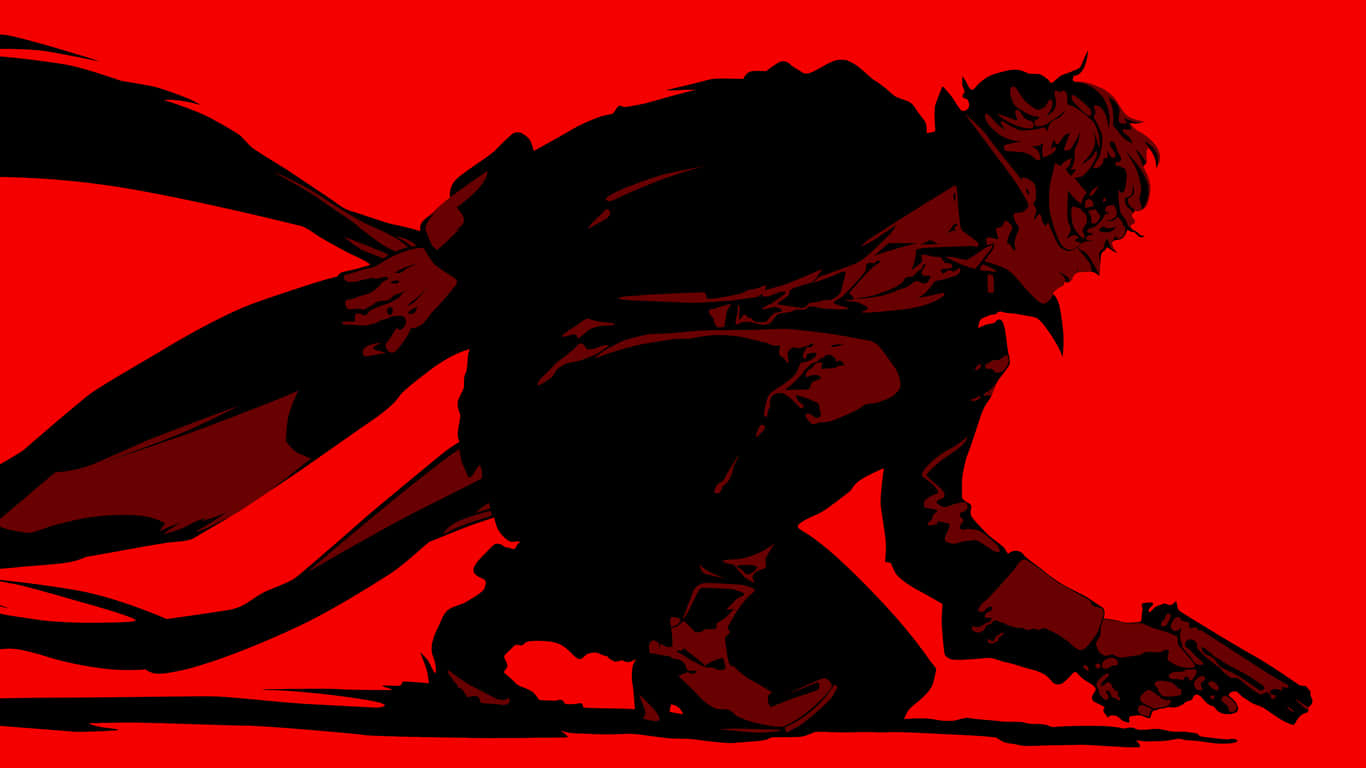 Diesilhouette Eines Mannes Mit Einer Waffe Auf Einem Roten Hintergrund.