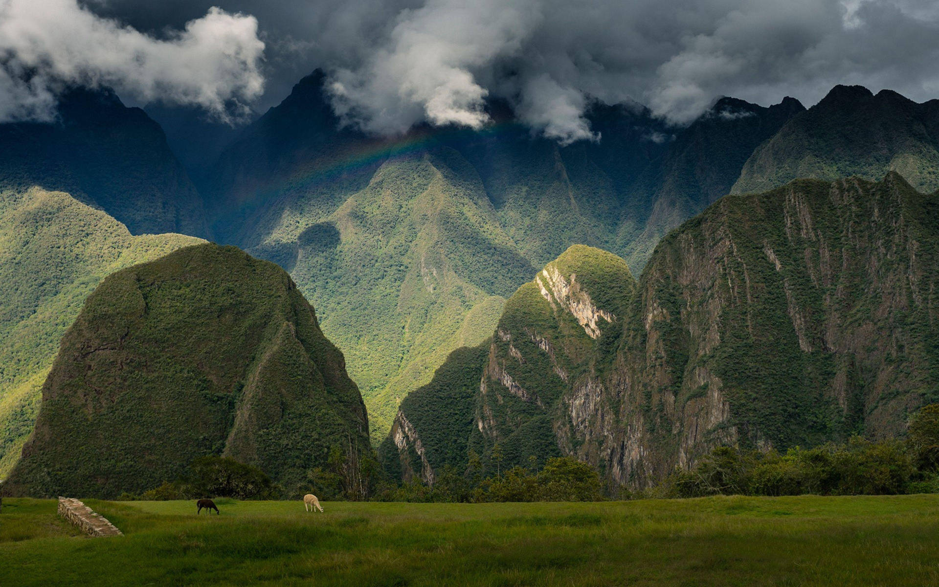 Væk et strålende udtryk med dette skarpe og farverige bjerglandskab af Machu Picchu-bjergene i Peru. Wallpaper