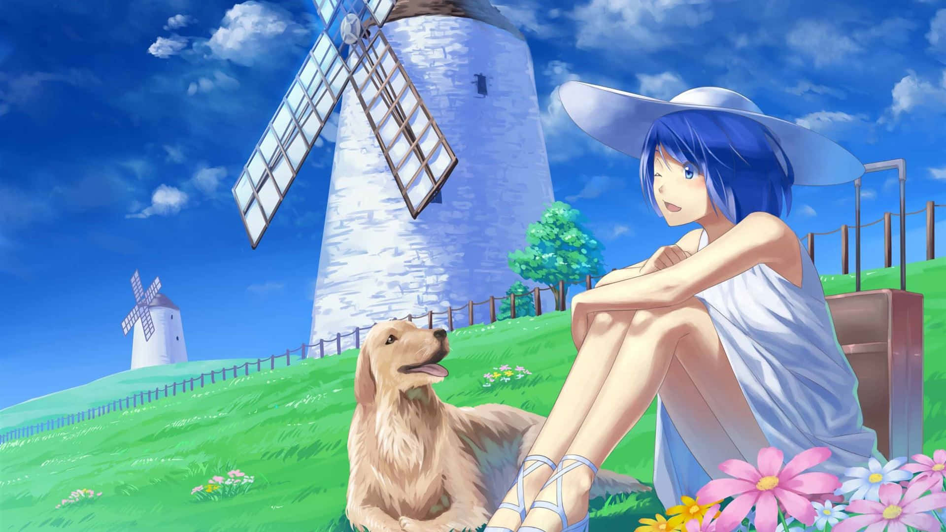 A Girl With A Dog In Front Of A Windmill