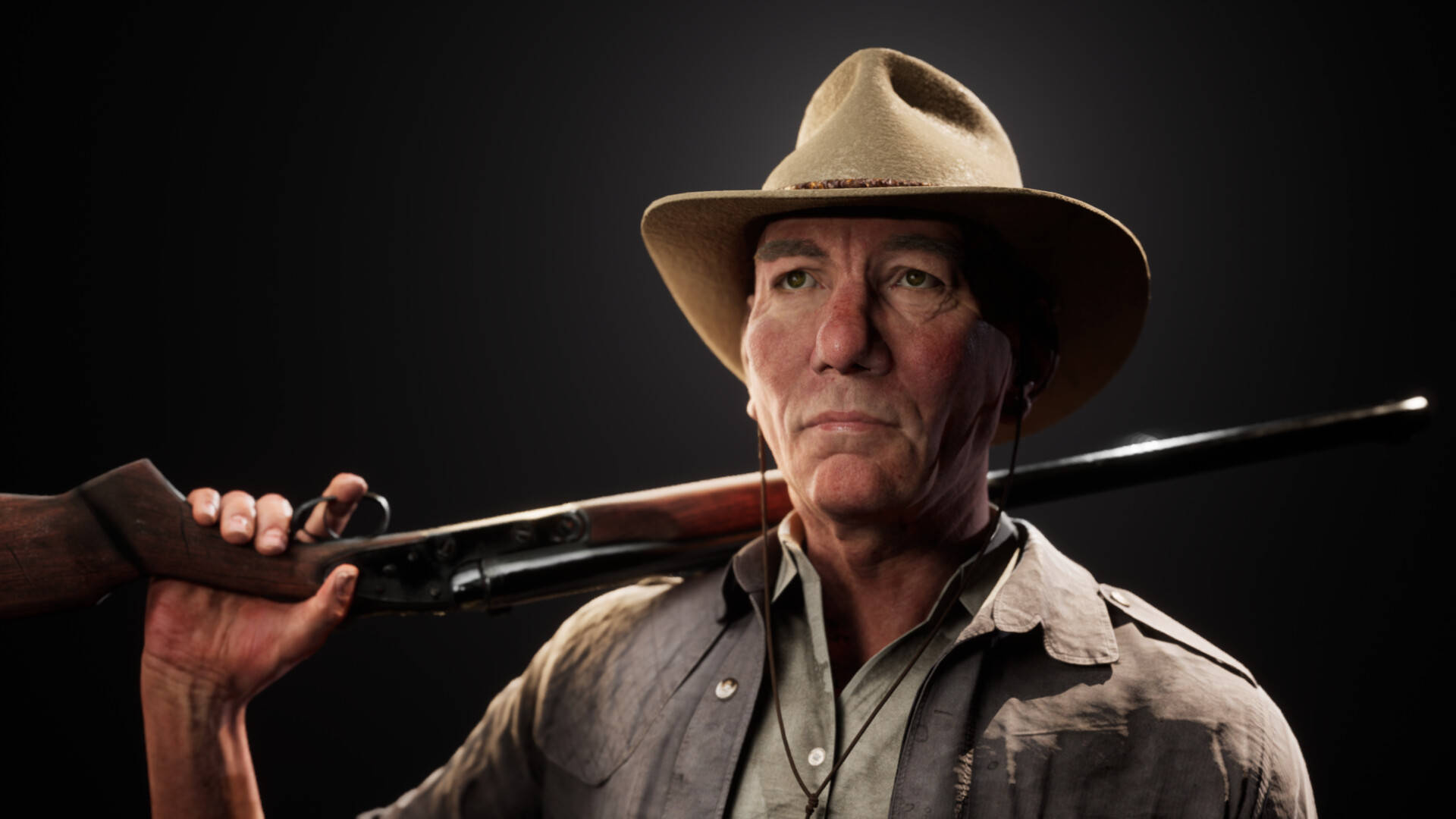 Pete Postlethwaite With Cowboy Hat And Rifle Wallpaper